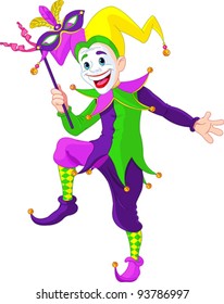 Clip art illustration of a cartoon Mardi Gras jester holding a mask