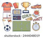 Clip art illustration collection featuring various football elements such as football or soccer balls, jerseys, cleats, whistles, referee cards, etc.