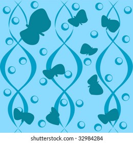 A clip art illustration featuring blue butterflies amongst swirling garden vines and stylish water drops isolated.