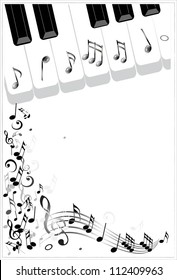 Clip Art Illustration of a music background with piano keys and music notes. Various sheet music musical notes