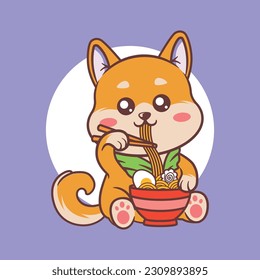 Clip art or illustration of an orange vector shiba inu dog eating ramen noodles with a commercial license to use for any purpose