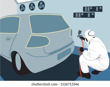 clip art illustration of a painter applying paint to a car inside a paint cabin