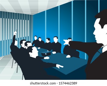 clip art illustration of several men in a meeting with a man pointing