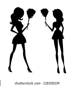 Clip Art Illustration Of A Sexy House Maid In Silhouette Holding A Feather Duster.