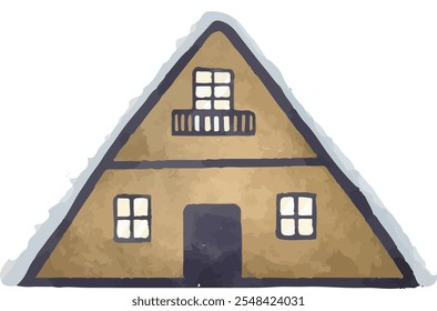 clip art illustration of snowy winter house cottage and wooden fence sign for background decoration