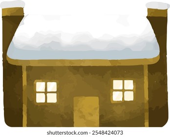 clip art illustration of snowy winter house cottage and wooden fence sign for background decoration