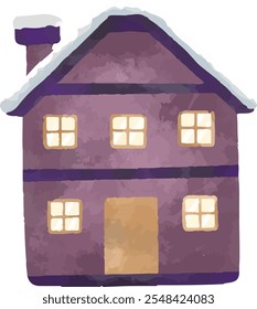 clip art illustration of snowy winter house cottage and wooden fence sign for background decoration