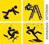 Clip art illustration styled like universal signs showing a stick figure man suffering various forms of trips, slips, and falls.