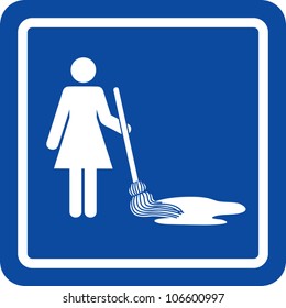 Clip Art Illustration Styled Like A Universal Sign Showing A Woman Mopping Up A Spill.