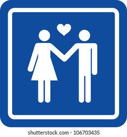 Clip art illustration styled like a universal sign showing a man and a woman holding hands with a heart icon between them indicating they are in love.