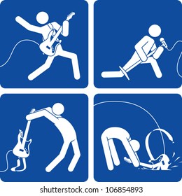 Clip art illustration styled like a universal sign showing stick figure rock and roll artists performing on stageÃ¢Â?Â?playing electric guitar, singing, and smashing a guitar.