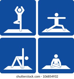 Clip art illustration styled like a universal sign showing a stick figure man performing various yoga poses.