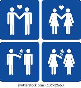 Clip art illustration styled like universal signs showing stick figure homosexual couples.