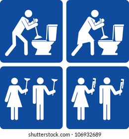 Clip art illustration styled like universal signs showing stick figure people making plumbing repairs.