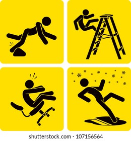 Clip art illustration styled like universal signs showing a stick figure man suffering various forms of trips, slips, and falls.