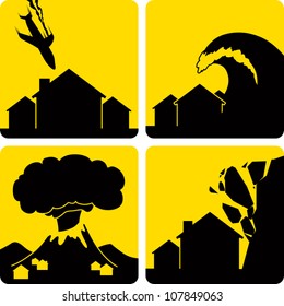 Clip art illustration styled like universal signs showing various natural disasters. Includes plane crash in a residential area, tsunami, volcanic eruption, and rock fall.