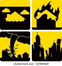 Clip art illustration styled like universal signs showing various natural disasters. Includes flood, fire, tornado, and earthquake.