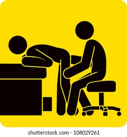 Clip art illustration styled like universal signs showing a stick figure man in a doctor's office receiving a rectal examination.