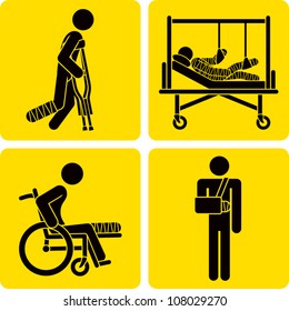 Clip art illustration styled like universal signs showing a stick figure man with a broken bone. Includes broken leg with crutches, broken leg in wheelchair, broken arm in sling, and full body cast.