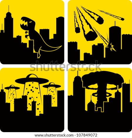 Clip art illustration styled like universal signs showing various disasters in a large city. Includes lizard attack meteors mass alien abduction and nuclear strike.