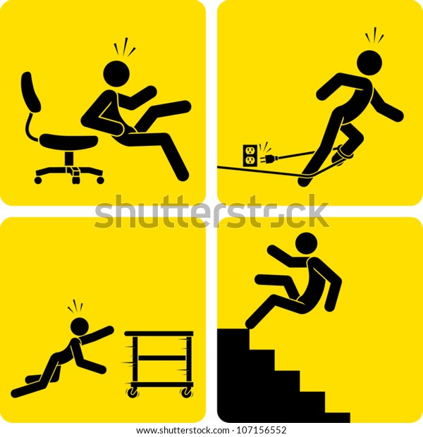 Clip art illustration styled like universal signs\
showing a stick figure man suffering various forms of trips, slips,\
and falls.