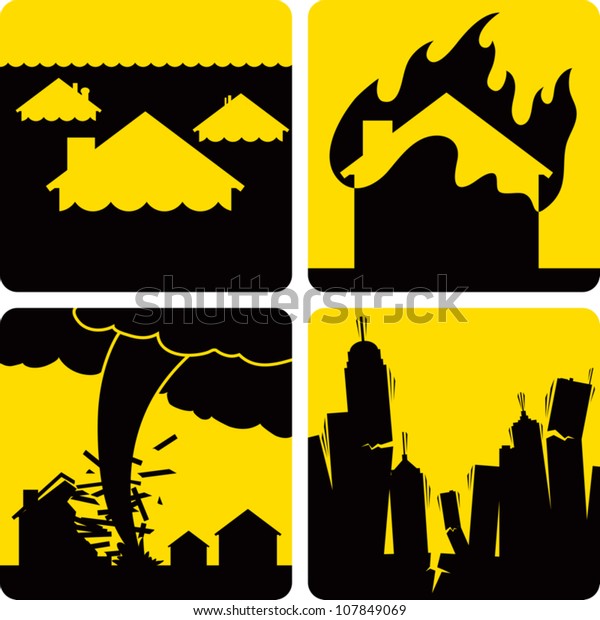 さまざまな自然災害を示す万国共通の標識のようなスタイルのクリップアートイラスト 洪水 火災 竜巻 地震など のベクター画像素材 ロイヤリティフリー 107849069