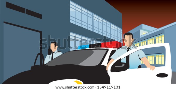 clip art illustration of two police men getting\
outside a patrol car