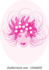 A clip art illustration  of a woman's face with long flowing hair decorated with swirls and flowers.