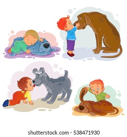 Clip art illustrations of little boys and their dogs