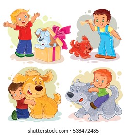 Clip art illustrations of little boys and their dogs