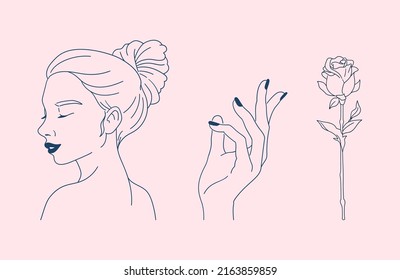 Clip art image of beauty. Woman in profile, manicured fingers, rose. Simple line drawing.