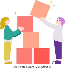 Clip art image of person cooperating to pile up building blocks