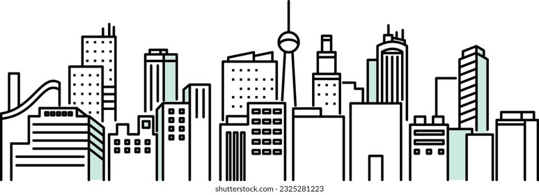 imagen de una simple línea de dibujo de un paisaje urbano bordeado de rascacielos	