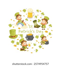 Clip art, images in a circle,st. patricks day. Beer, hat, shoes and striped gaiters, cartoon leprechaun. 