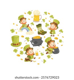 Clip art, images in a circle,st. patricks day. Beer, hat, shoes and striped gaiters, cartoon leprechaun.