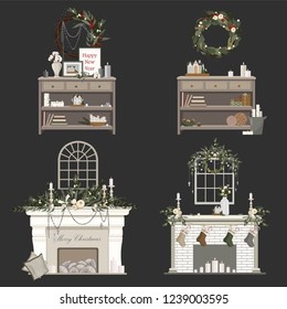 Clip art of interior design. Two fireplaces and two chests with christmas decorations, fir and mistletoe garlands and wreaths, gifts, posters, socks, books, woolen balls, candles and wood