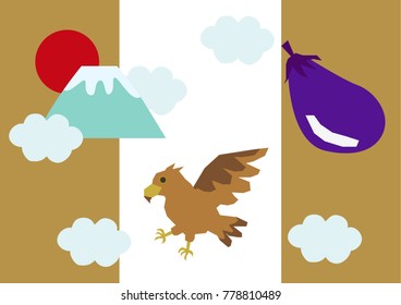 Clip art of Japanese New Year. Clip art of Japanese luck. Illustration of a crane. Image of good luck. Fuji Mountain and sunrise.