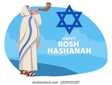 Videokunst des jüdischen Mannes, der das Horn des Shofar-Widders auf Rosh Hashanah weht, Vektorgrafik