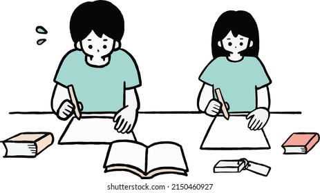 Clip Art Of Junior High School Students Doing Homework Of Summer Vacation.