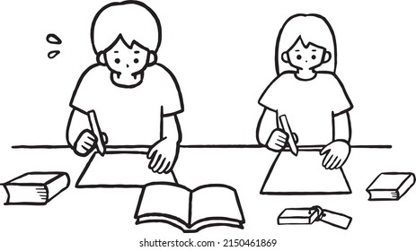 Clip Art Of Junior High School Students Doing Homework Of Summer Vacation, Line Art.