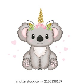 Clip art of a koala with a unicorn horn on its head. Vector illustration of a cute animal. Cute little illustration of koala for kids, baby book, fairy tales, covers, baby shower invitation, textile.