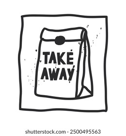 clip art of a kraft bag labeled: take away. vector Illustration in naive art with texture. doodle art in a black hand-drawn frame. bags for takeaway food. Carton disposable, recyclable packs