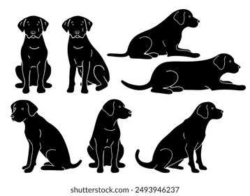 Clip-Kunst-Labrador in verschiedenen Positionen Vektorgrafik Cartoon Black Flat Stil. Vektorgrafik flache Art Cartoon Illustration isoliert, weißer Hintergrund, verschiedene Ansichten, Posen