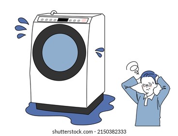 Clip art of leaking drum-type washing machine and man in trouble