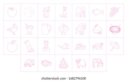 Clip Art, Line art, vector, illustration, kids book, tracing, children book, black and white, cartoon illustration, vector illustration, drawing, Apple, ball, cat, elephant, fish, grapes, hen