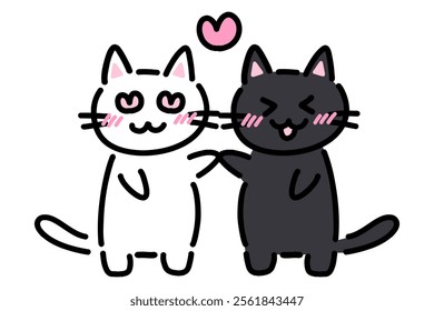 Clip art of lovey-dovey hand-drawn white cat and black cat