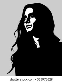 Clip art low key portrait of pensive long hair woman looking up. Easy editable layered vector illustration. 