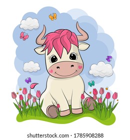 Clip art made in vector style. Cartoon cute bull is made on sitting on green grass against a background of clouds around which multi-colored butterflies fly. The cow is cute and has beautiful eyes.