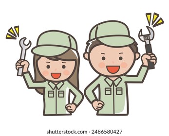 Clip art of male and female workers (cleaners) posing for a fight with tools