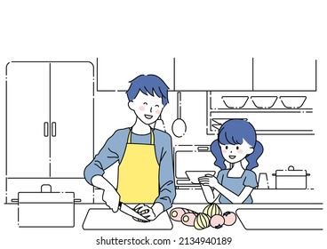 Clip art of man cooking and daughter helping